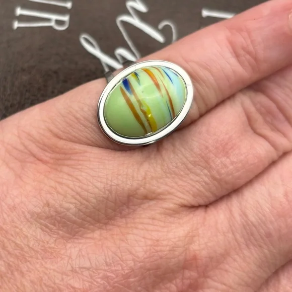 Vintage 70s Mint Green Striped Ring Adjustable - Picture 8 of 8